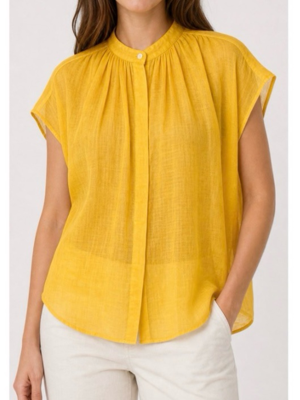 NWT Banana Republic Large Yellow Ramie Blouse Sheer Button Front Sleeveless Top